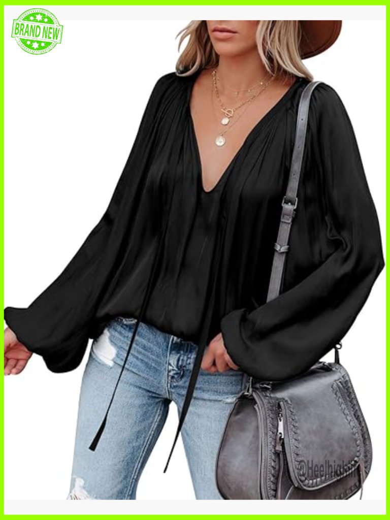Sexy Deep V Neck Lantern Sleeve Chiffon Tunic Blouse